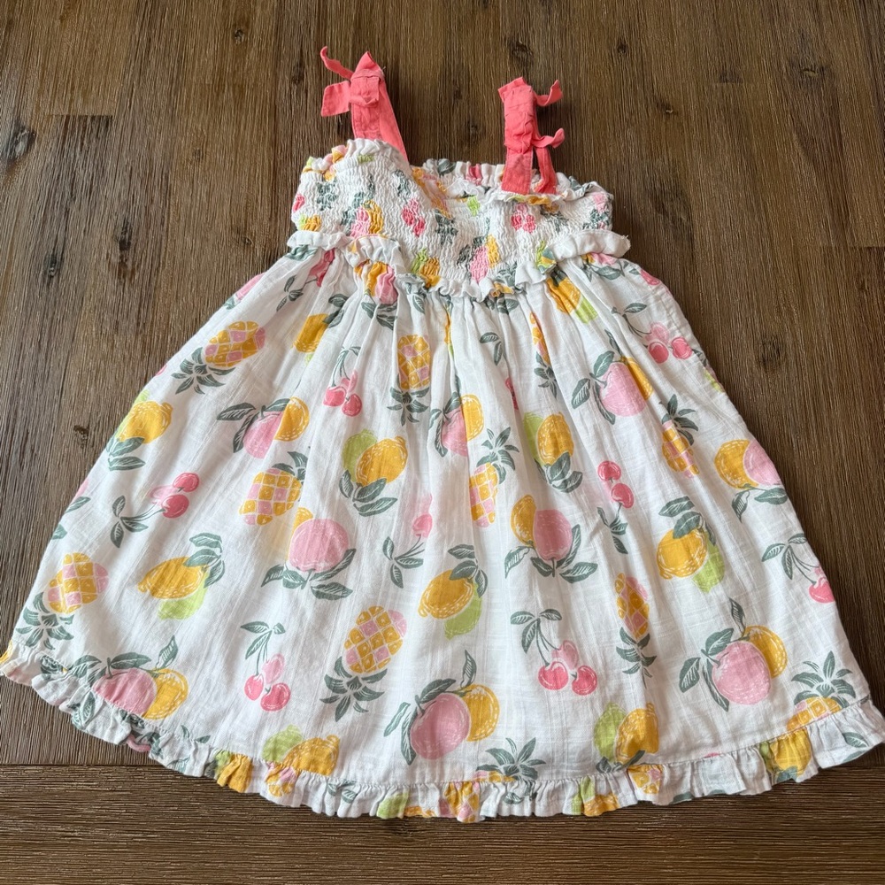 Fruit Print Kids Lined Dress with Pink Bow Straps size 4T